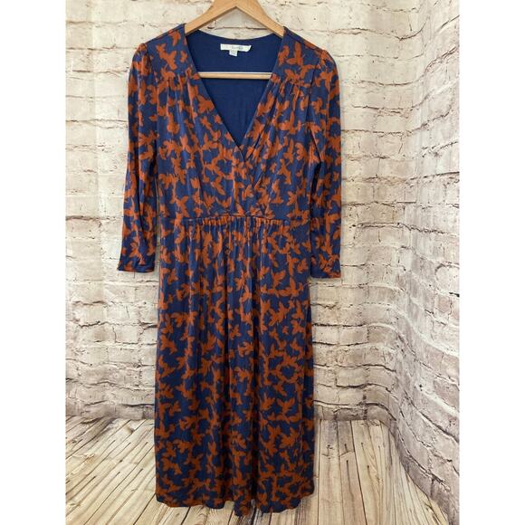 Boden Dresses & Skirts - Boden Dress Womens 14L Navy & Rust Floral Midi Long Sleeve V Neck Stretch Lined